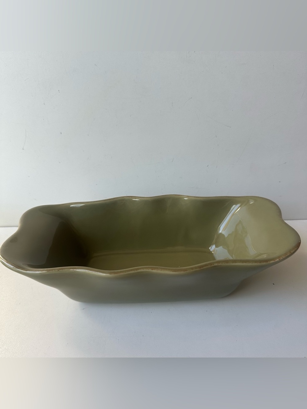 Olive Green Ceramic Serving Bowl - Elegant Scalloped Design